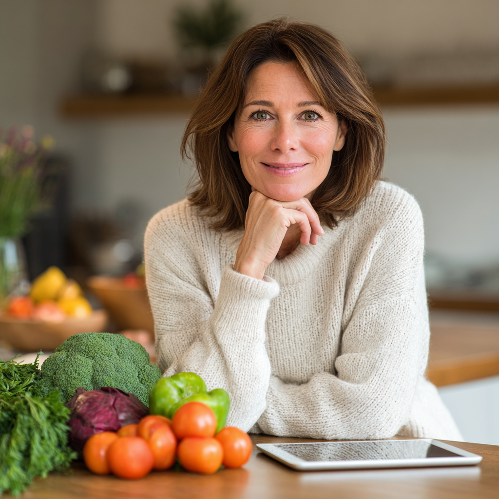 Attractive woman in her early 50s with shoulder-length brown hair, wearing a casual cream sweater, sitting at a modern kitchen counter with a tablet computer, surrounded by fresh vegetables and planning healthy meals with a warm smile