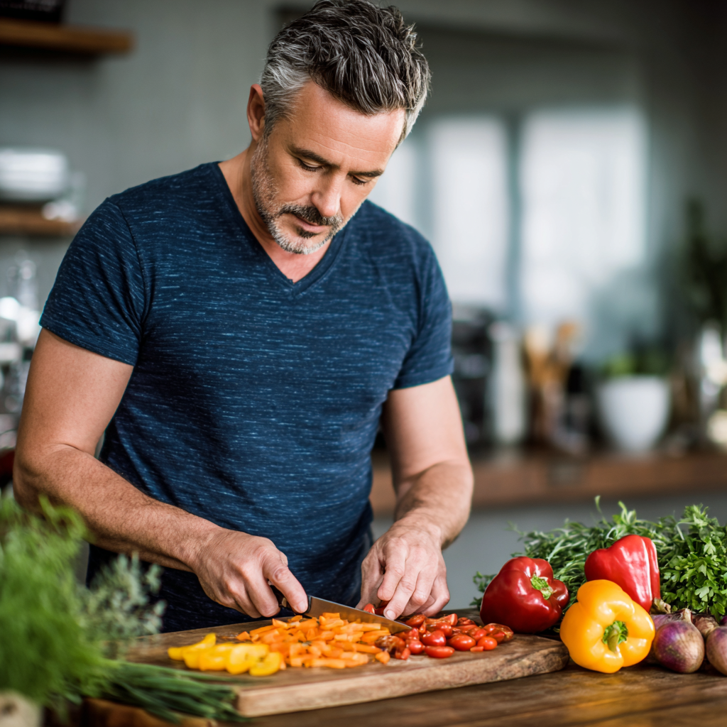 Handsome man in his mid-40s with graying hair wearing a navy blue casual shirt, chopping fresh colorful vegetables on a wooden cutting board in a modern kitchen, surrounded by healthy ingredients like bell peppers, tomatoes, and herbs